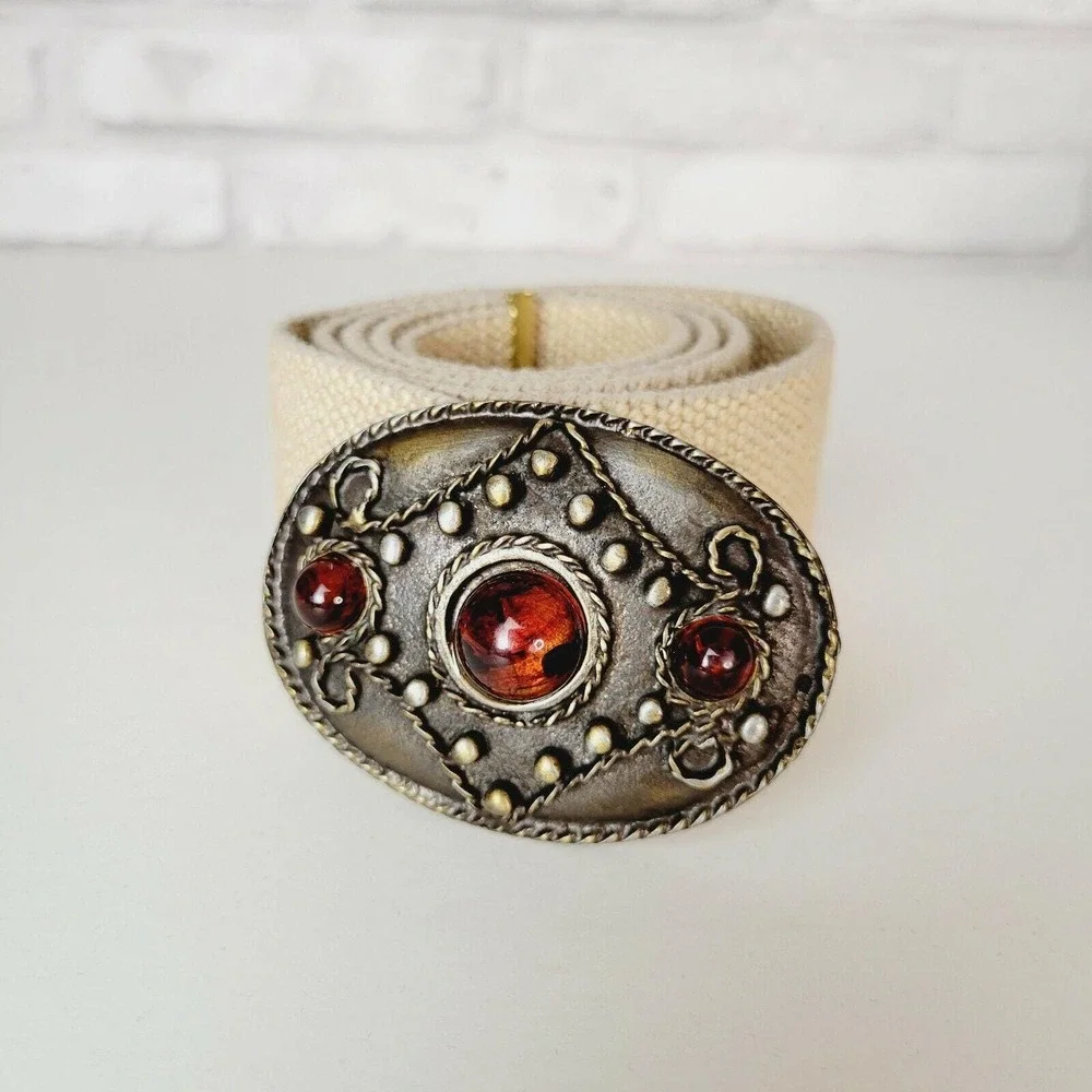 Italian brass and orange acrylic cabochon stretch belt natural beige‎ XL